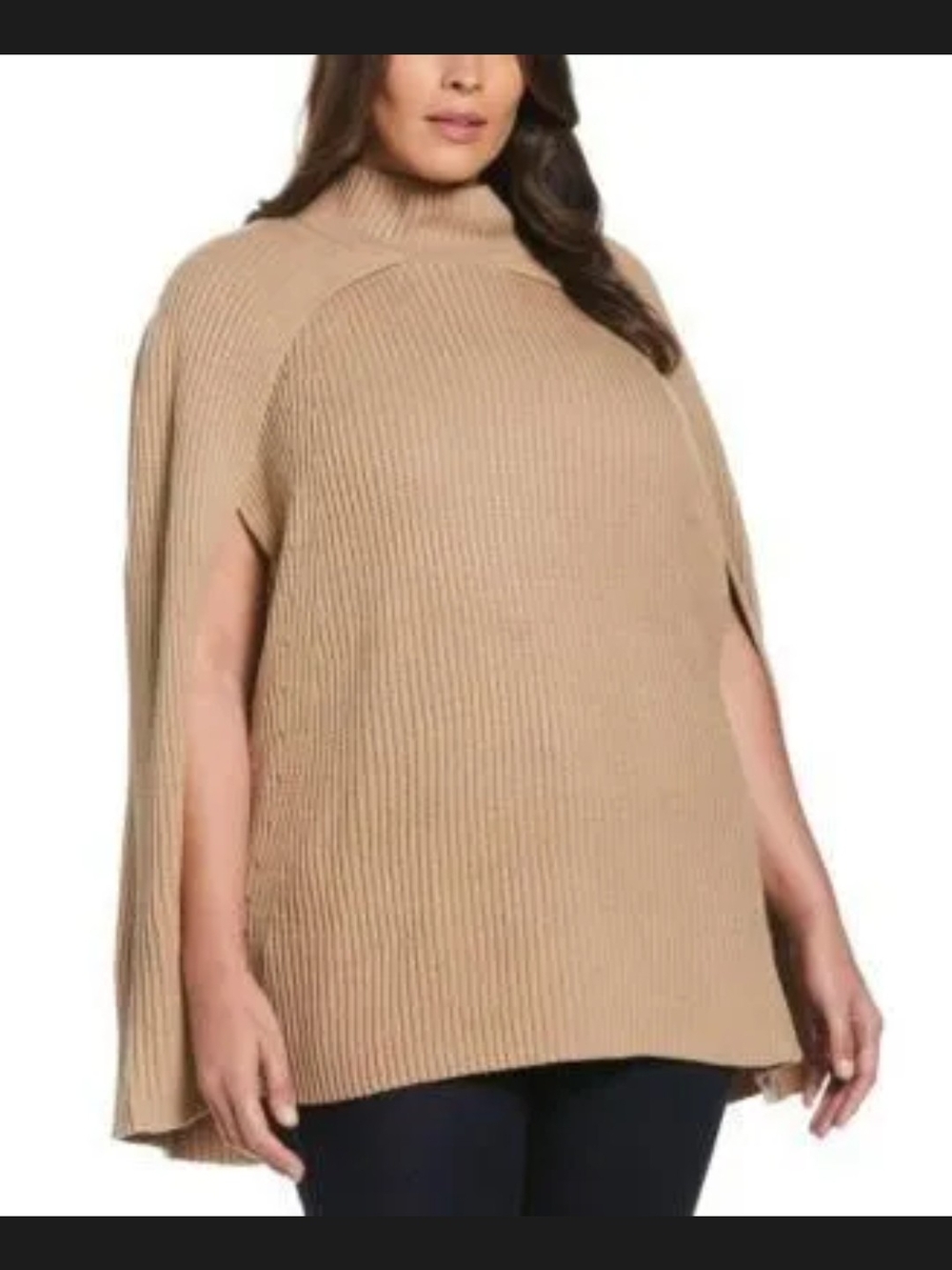 Rafaella Camel Ribbed Turtleneck Poncho